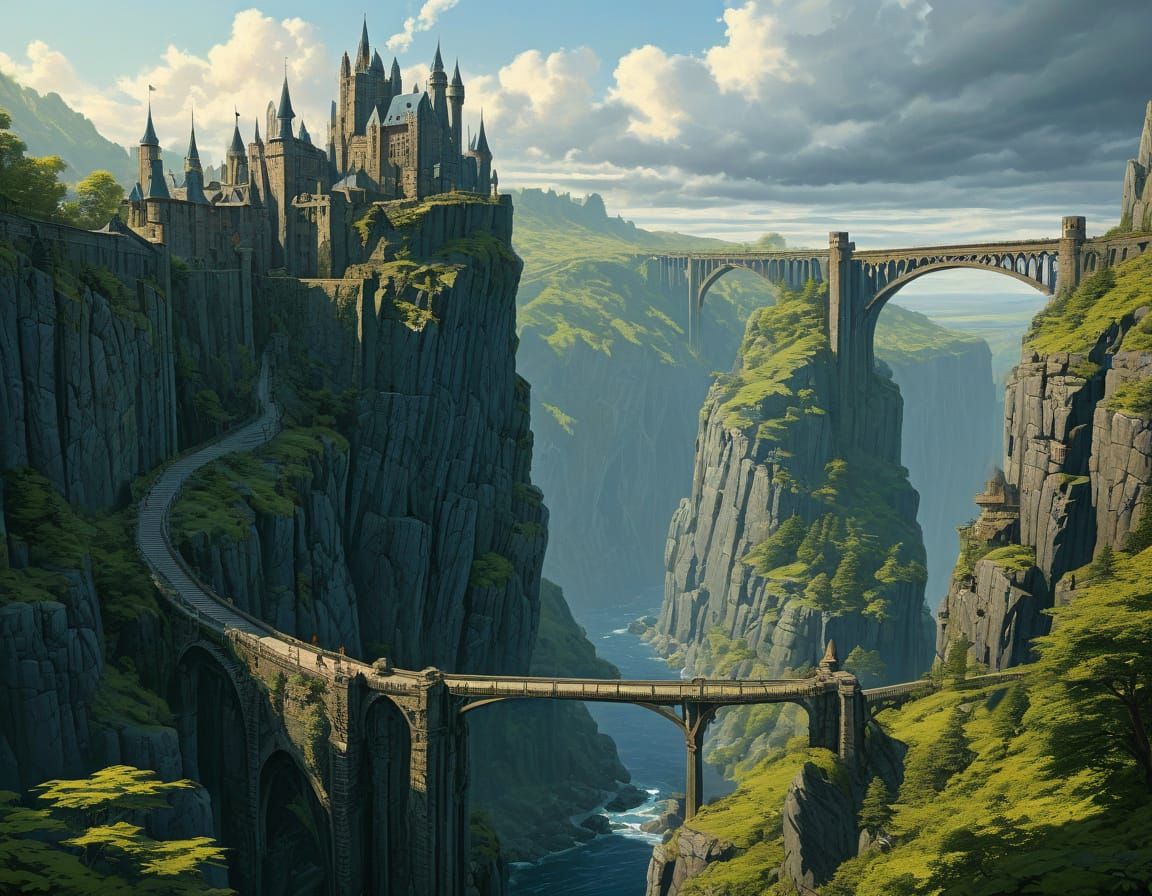 Ethereal Fantasy Castle Amidst Majestic Cliffs in a Cyberpun...