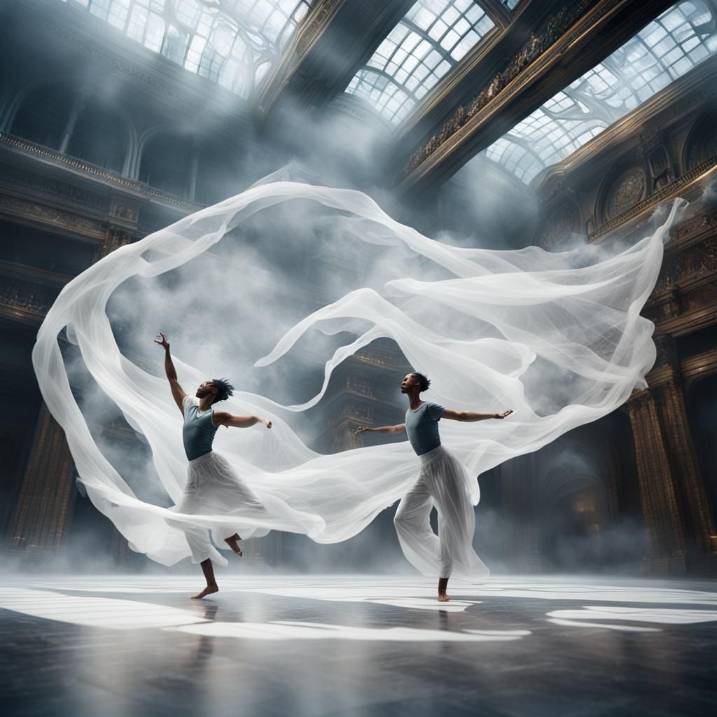 Dancers in Motion Under Billowing Fabric