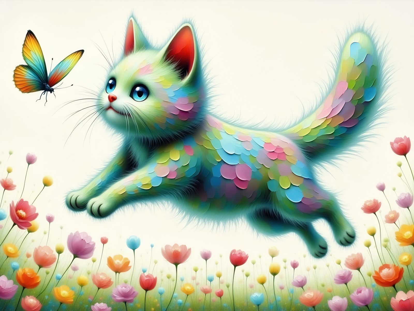 Cat and Butterfly in Cracked Impasto Style