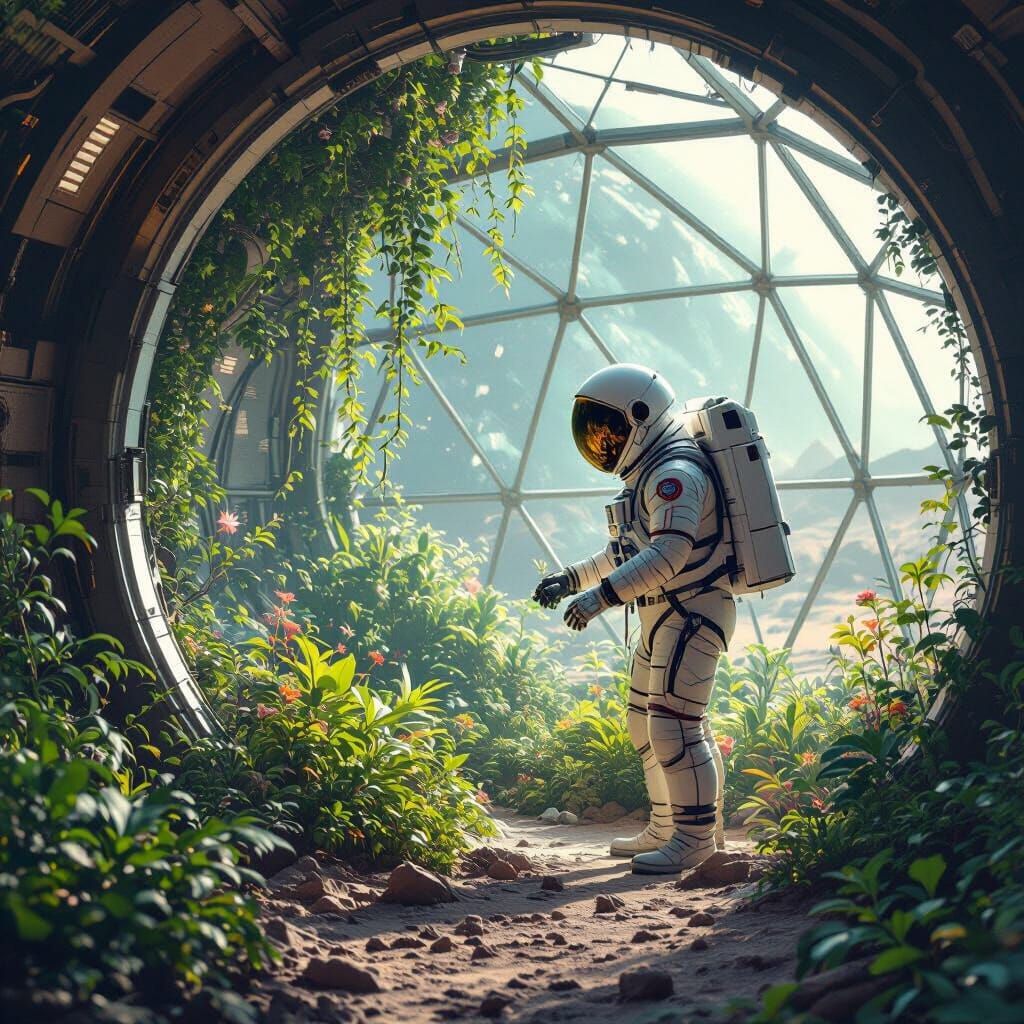 Astronaut and Bioluminescent Garden in Sci-Fi Dome
