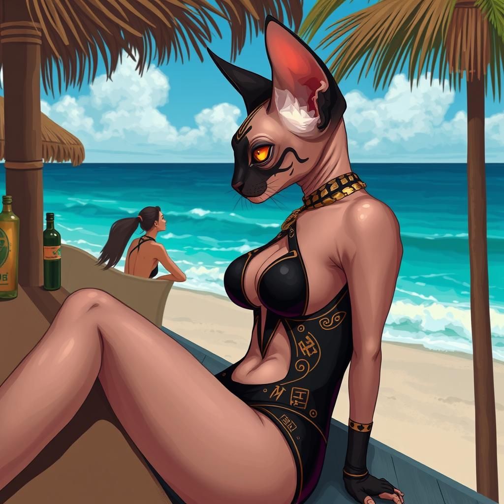 Gothic Egyptian Cat Girl at Beach Bar in Anime Style