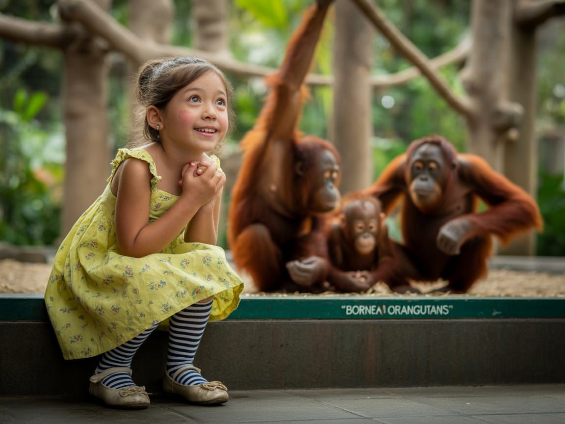 Girl Observes Orangutans in Zoo Enclosure