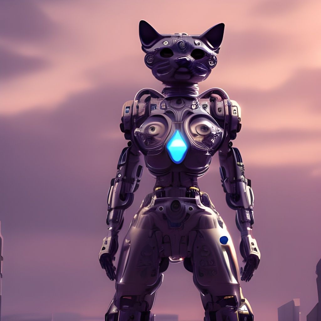 Futuristic Mecha Cat in Sci-Fi Cityscape