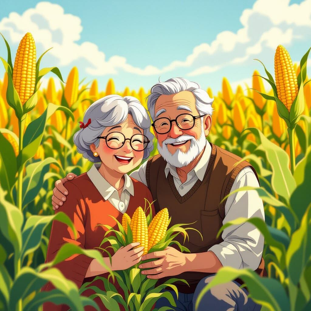 Smiling Couple in Lush Field, Ghibli Anime Style