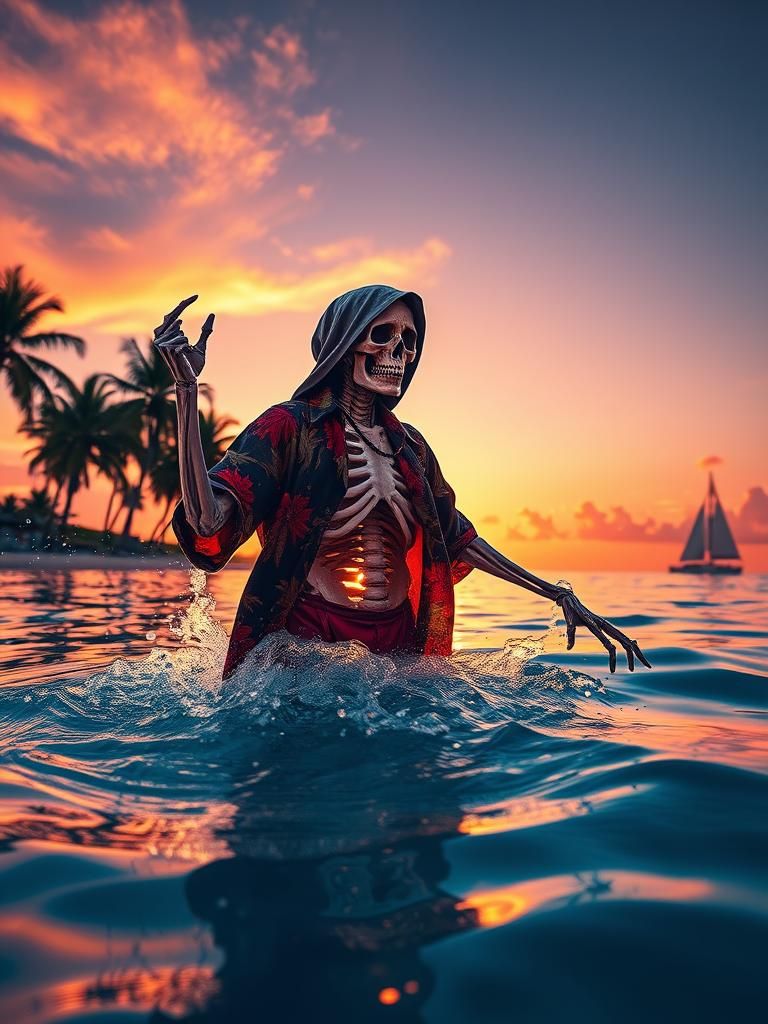 Grim Reaper's Beach Vacation in Vibrant Splash Art