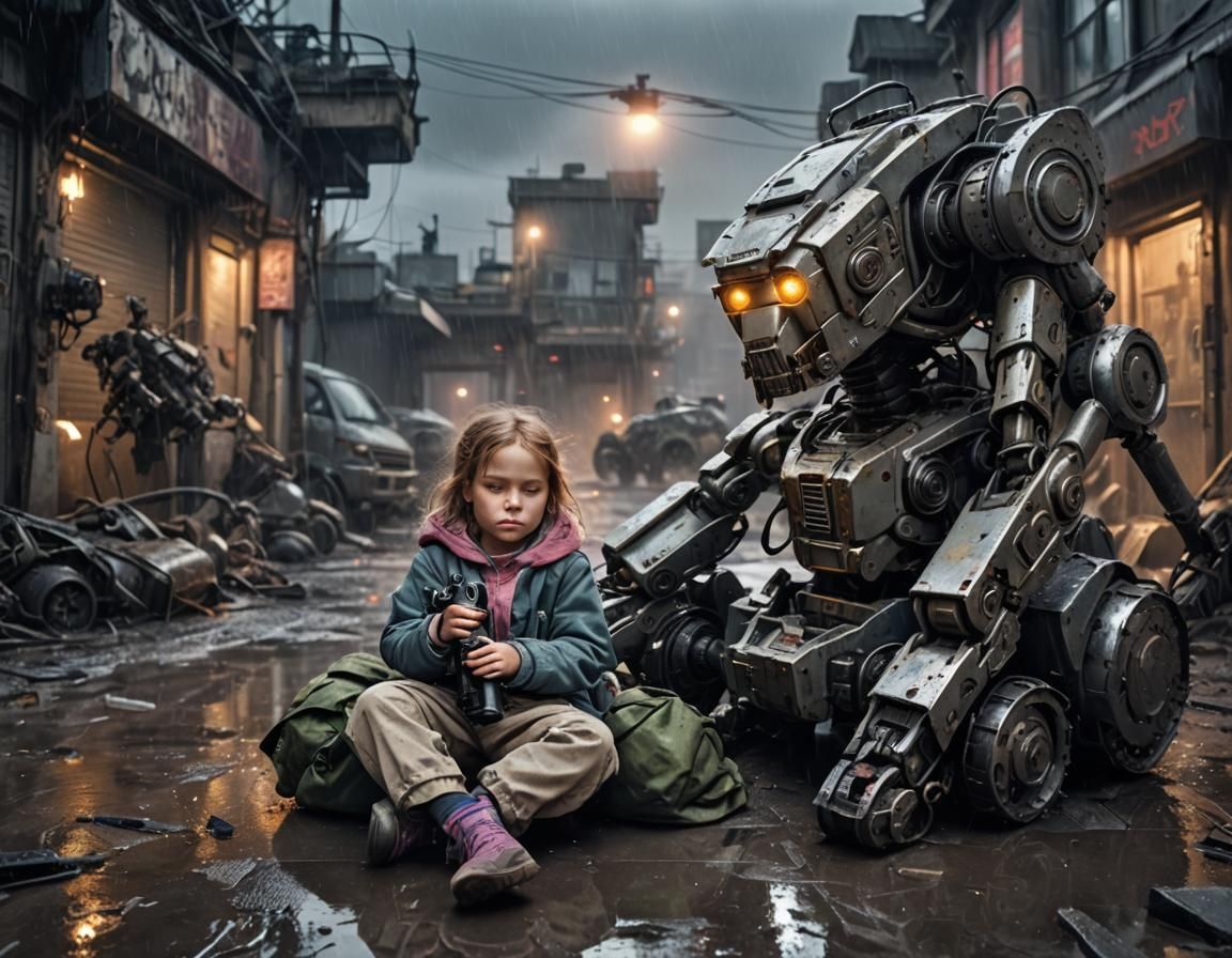 Girl Protected by Robot in Post-Apocalyptic Night