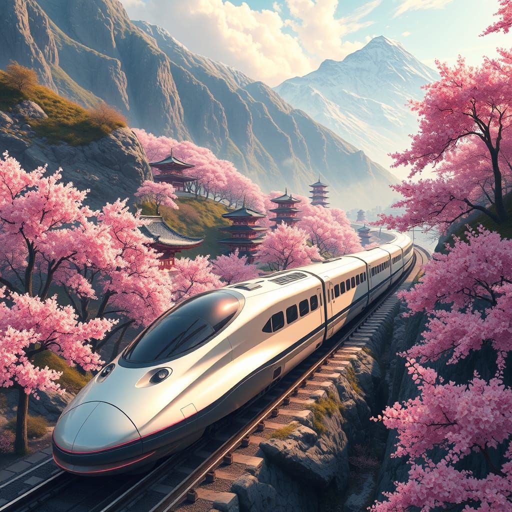 Futuristic Bullet Train in Japanese Spring Landscape