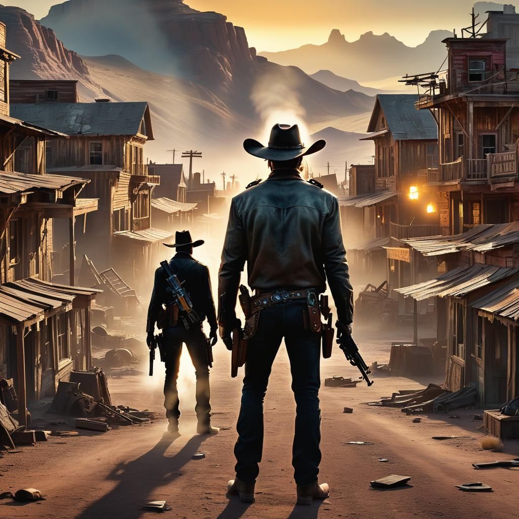 Zombie Cowboy Showdown in Ghost Town at Golden Hour