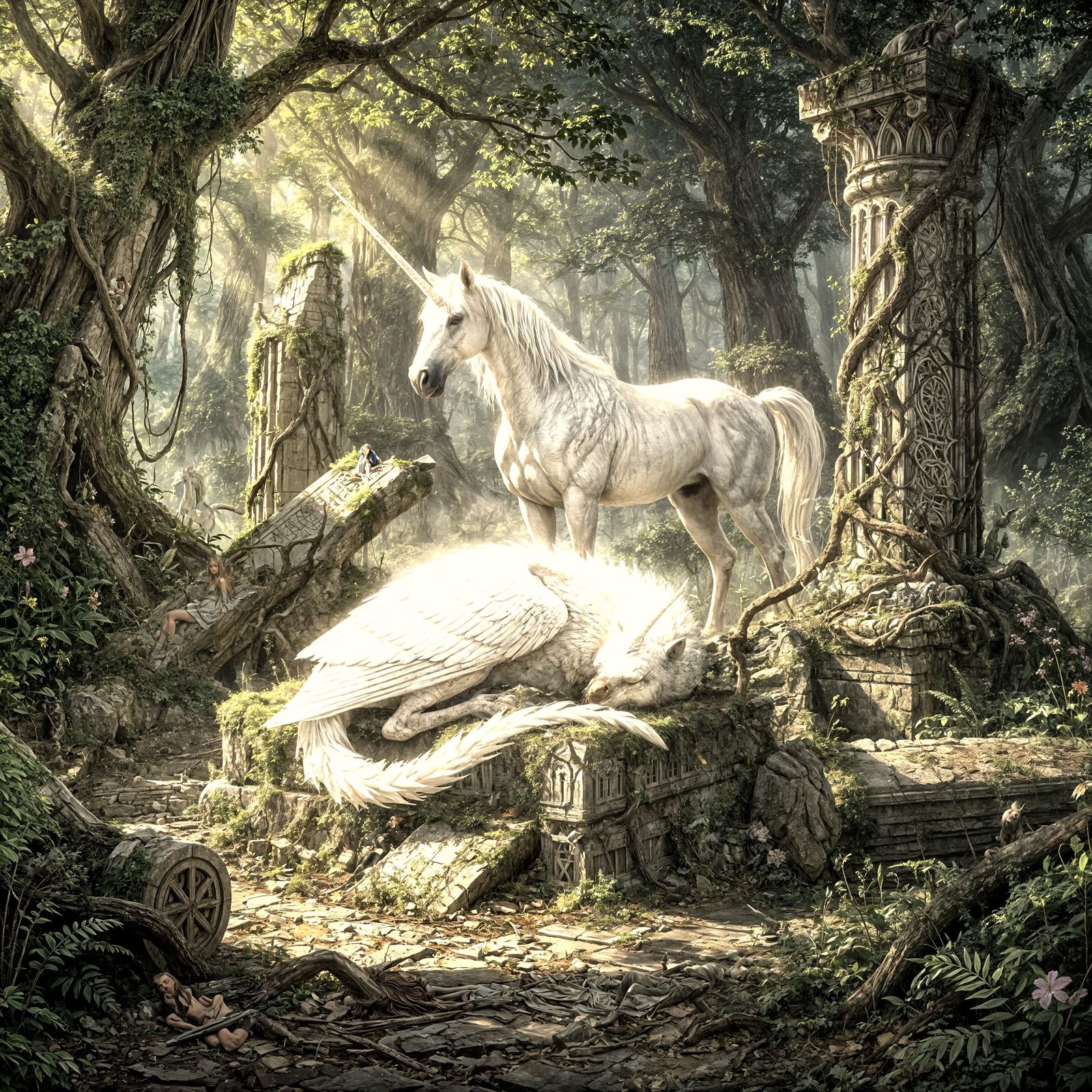 White Griffin Sleeps Near Unicorn in Ancient Forest Ruins
