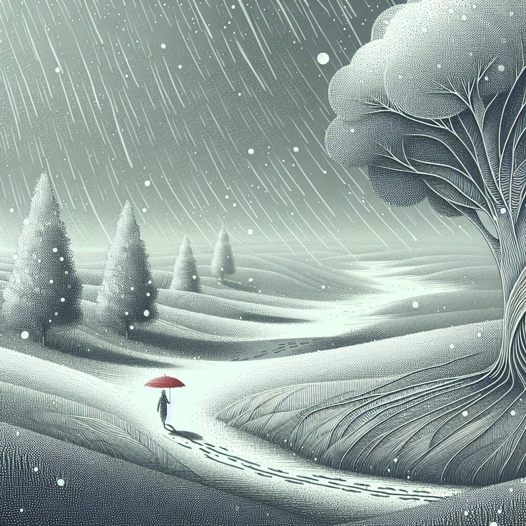 Grey Ethereal Landscape with Cel-Shaded Trees and Figure in ...