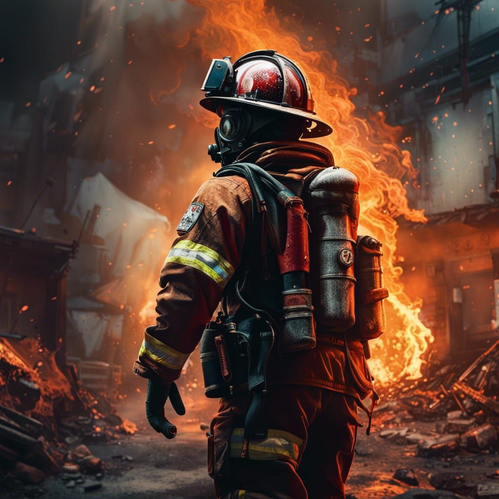 Detailed Firefighter in Post-Apocalyptic Flames