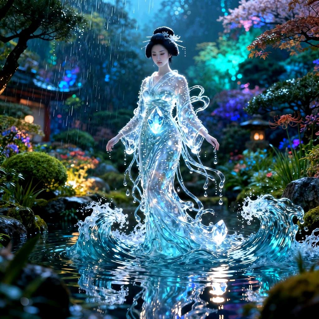 Liquid Geisha Formed From Water Drops in Fantasy Garden