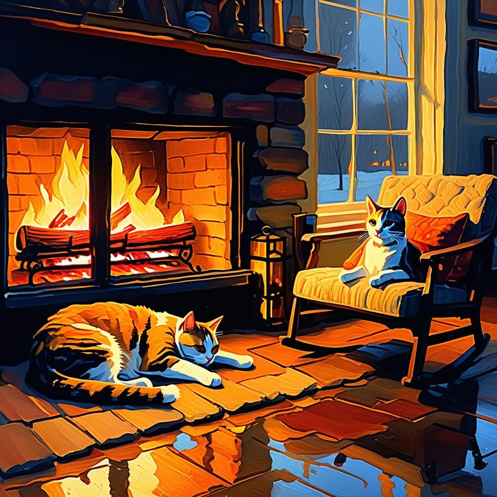 Cozy Winter Night by Fireplace in Gouache Style