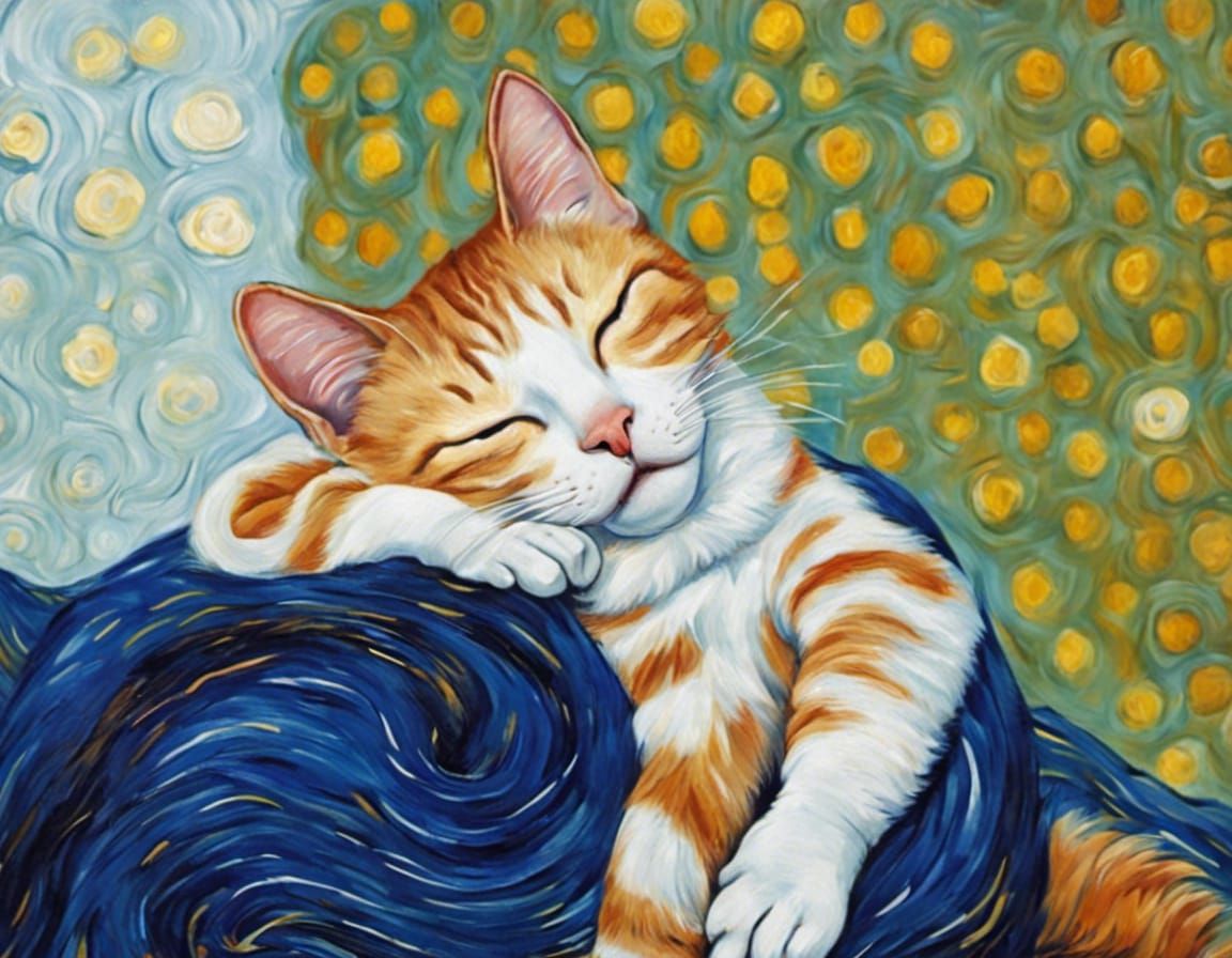 Ginger Tabby Cat Sleeping in Starry Night