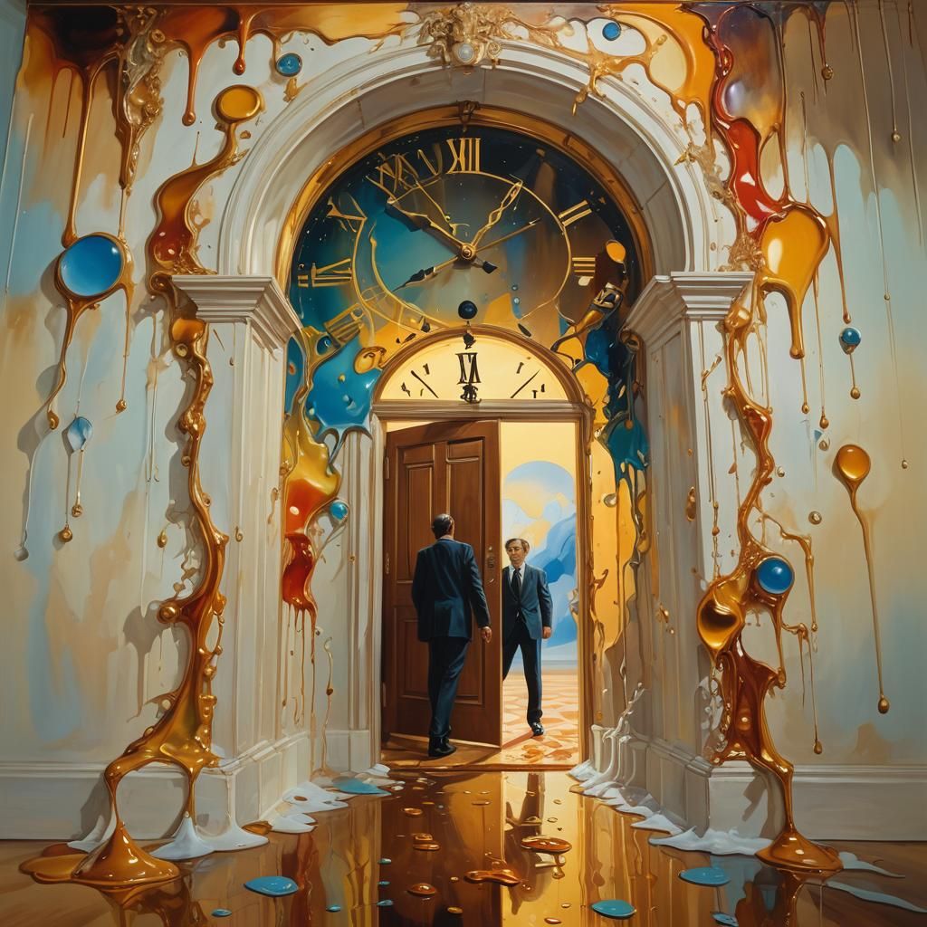 Surrealist Dreamscape with Melting Clock in Oil Painting Sty...