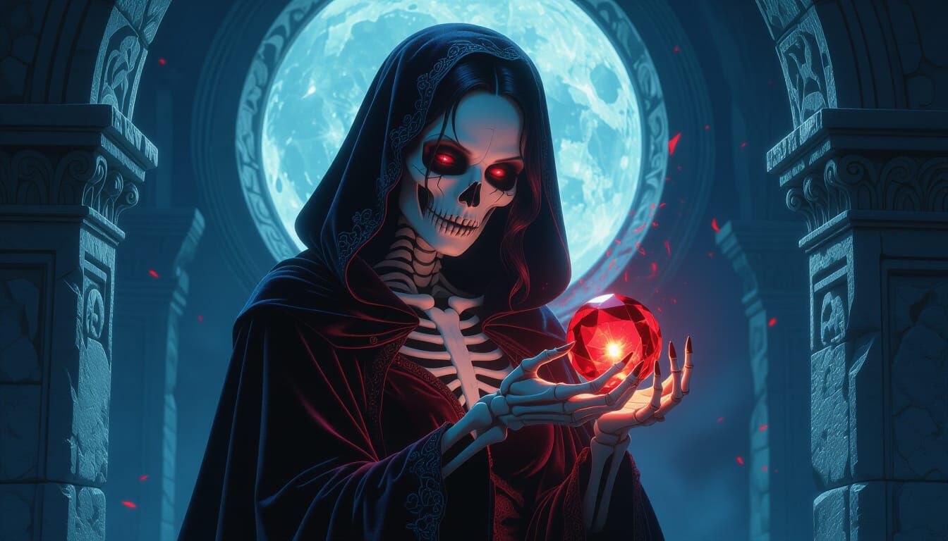 Skeletal Vampire Woman Holding Glowing Ruby in Crypt