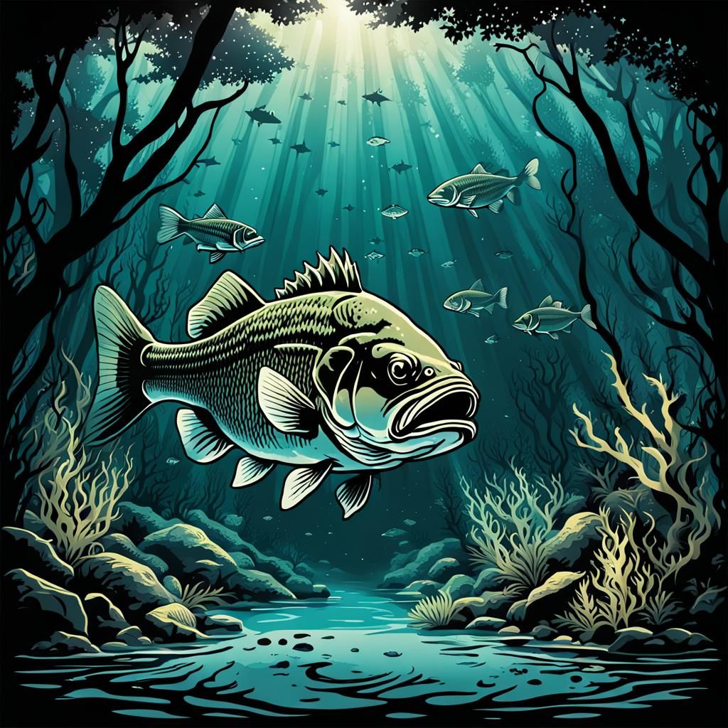Aquascape T-Shirt Design with Underwater Forest and Bass