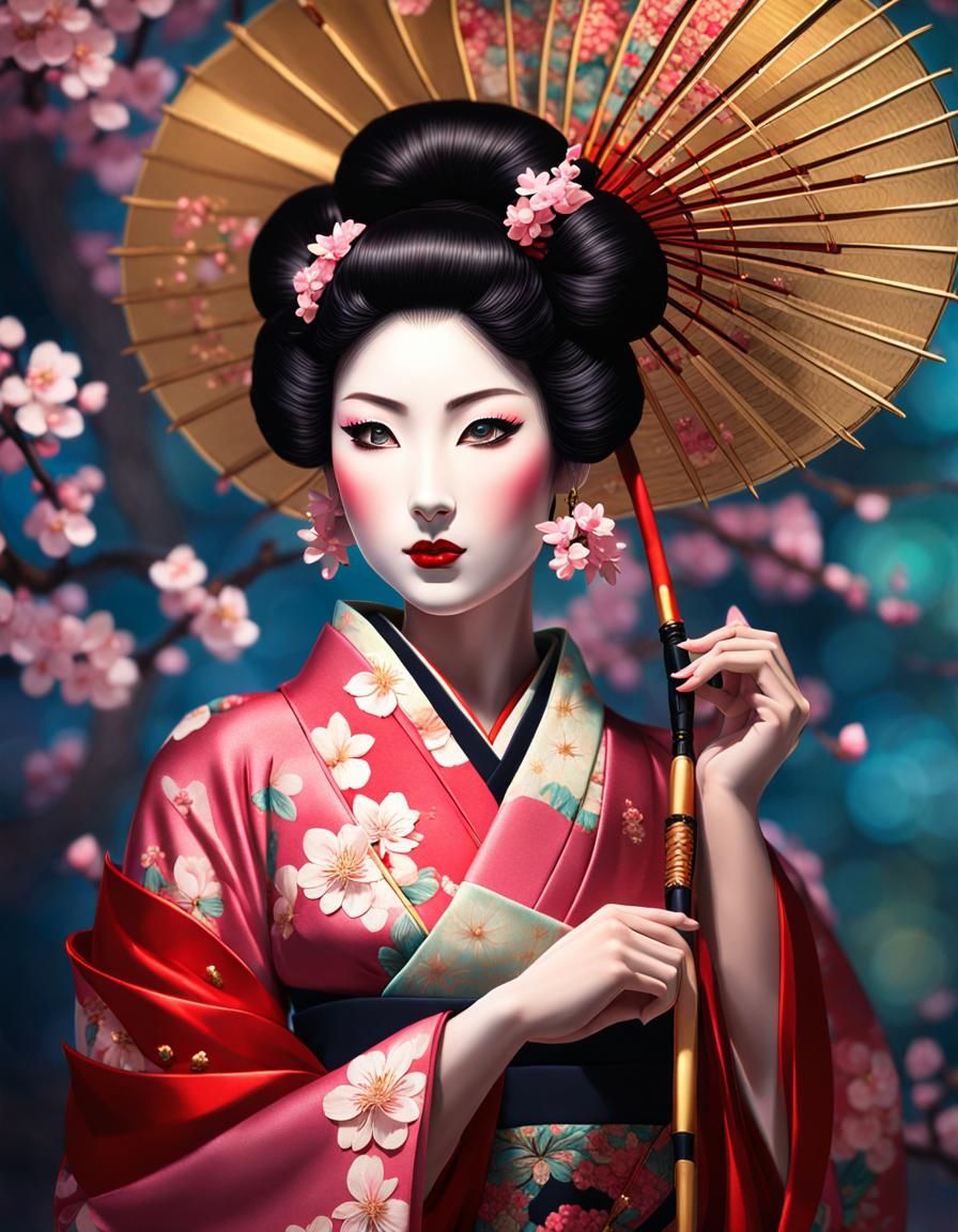 Geisha in Kimono with Expressive Brushstrokes