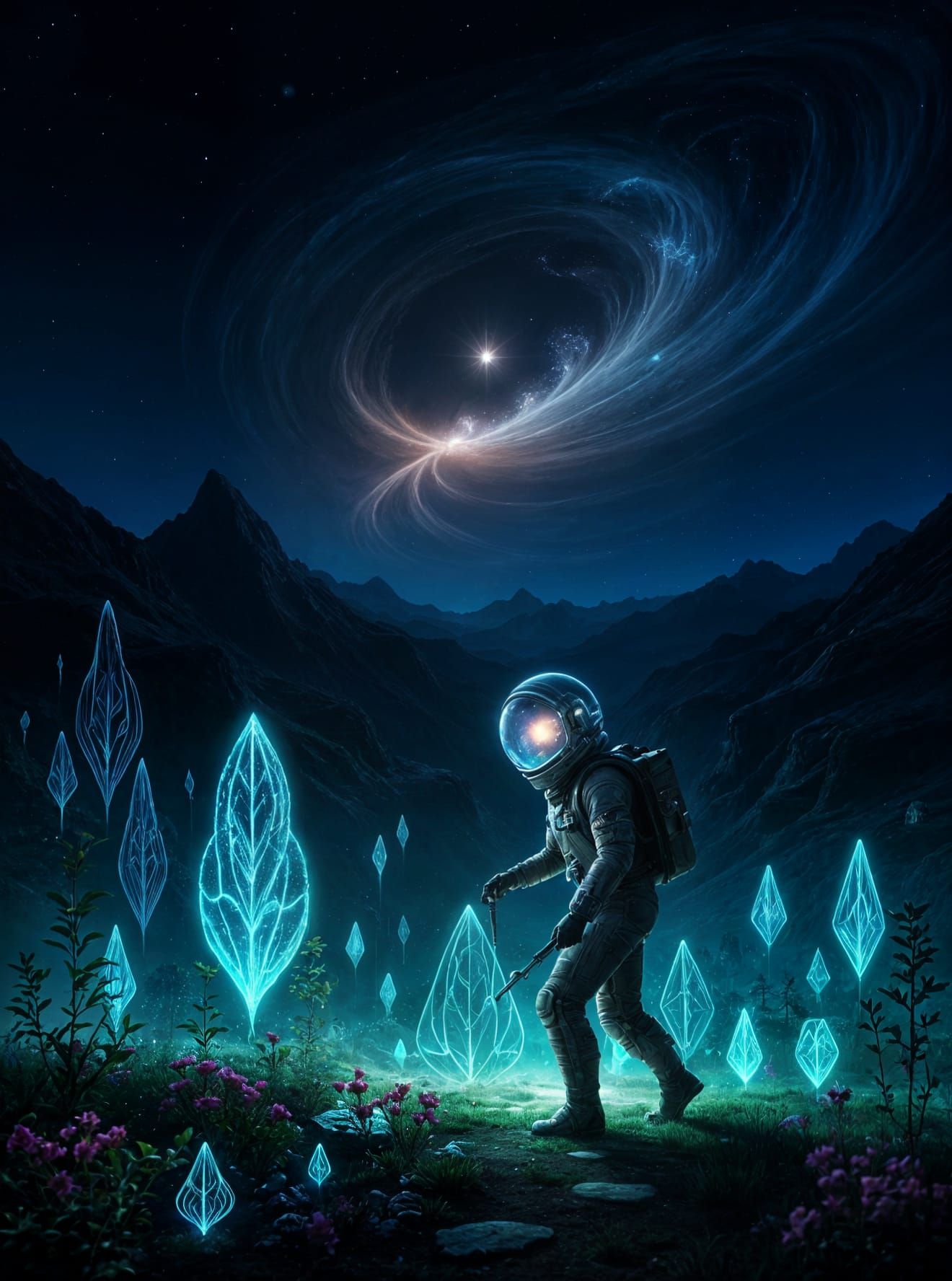 Astronaut Tends Alien Bioluminescent Garden Under Swirling N...