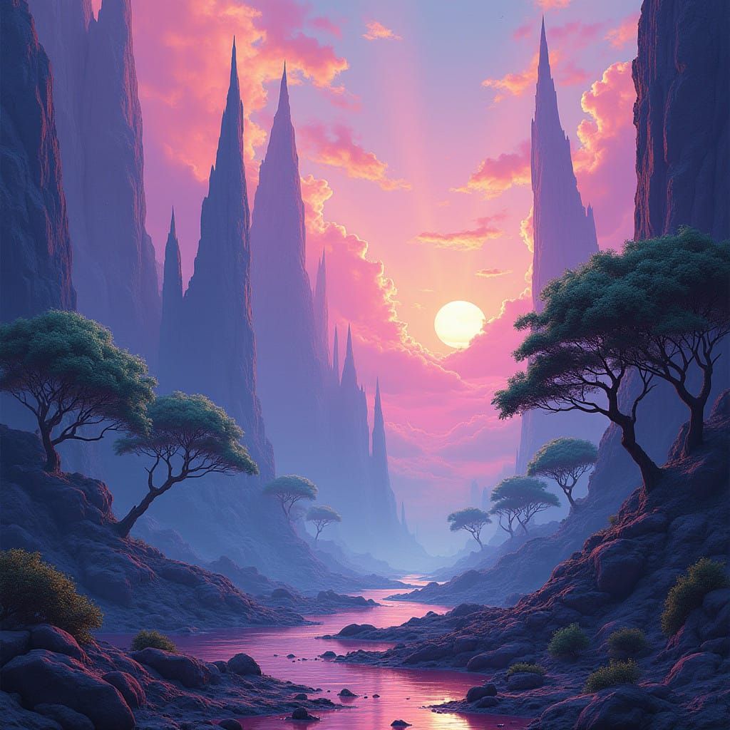 Dreamlike Spires and Ethereal Trees in Vibrant Ombre-Hued Sk...