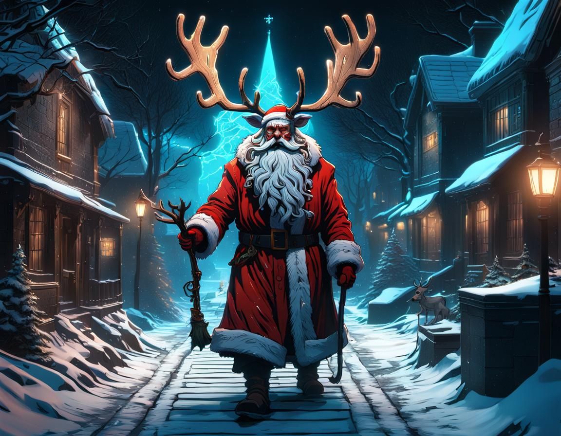 Cyberpunk Santa Claus with Reindeer Head