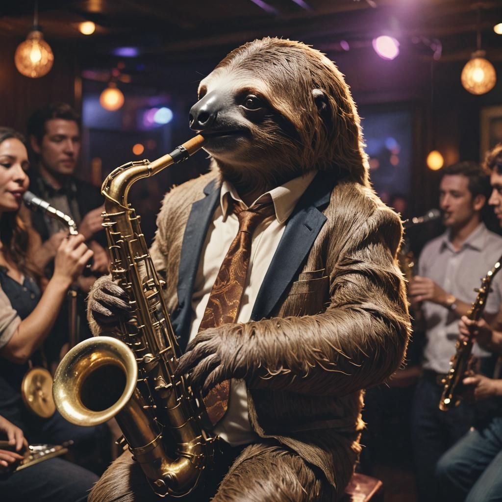 Sloth Saxophonist in Dimly Lit Jazz Club