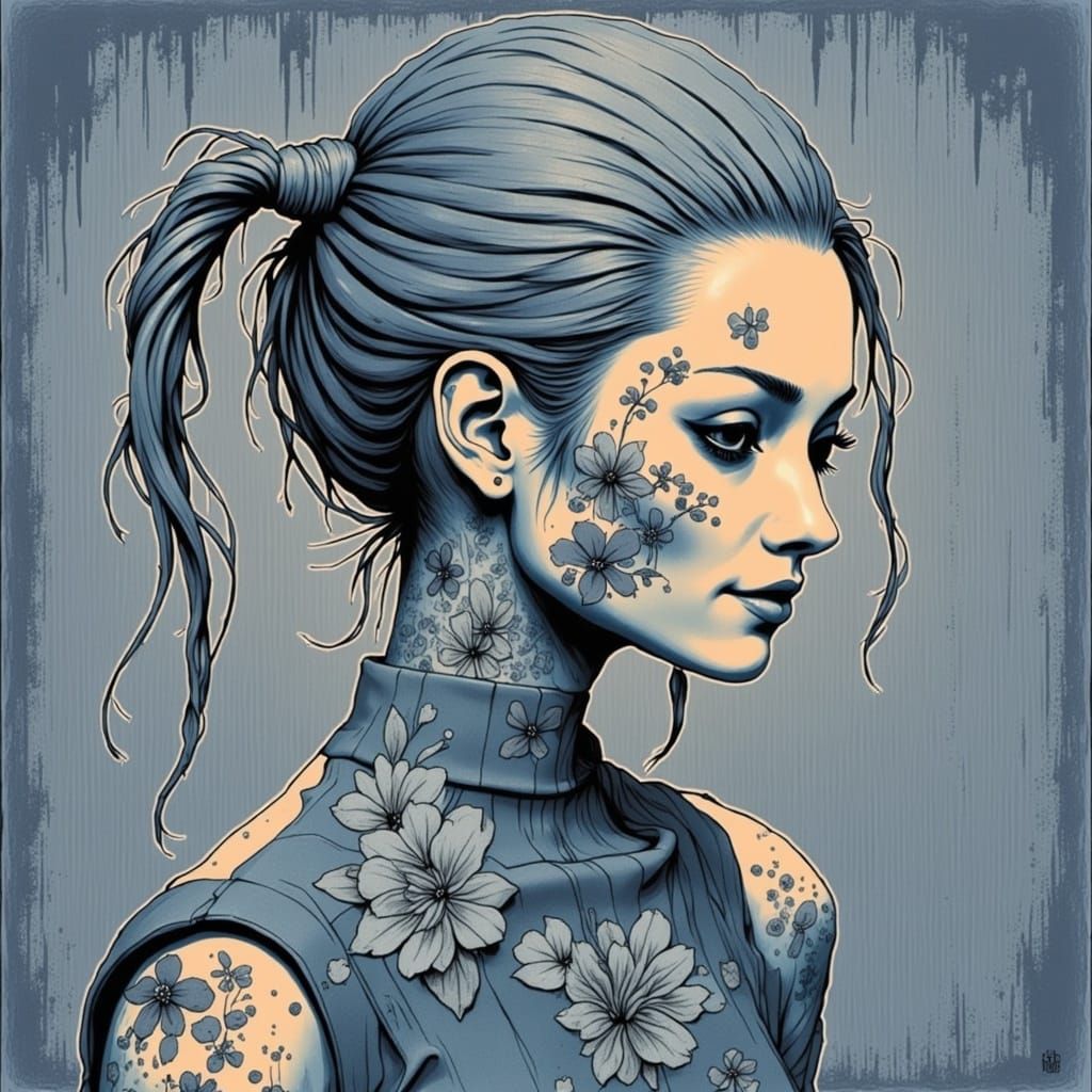 Smiling Cyborg in Floral Dress: H.R. Giger Style