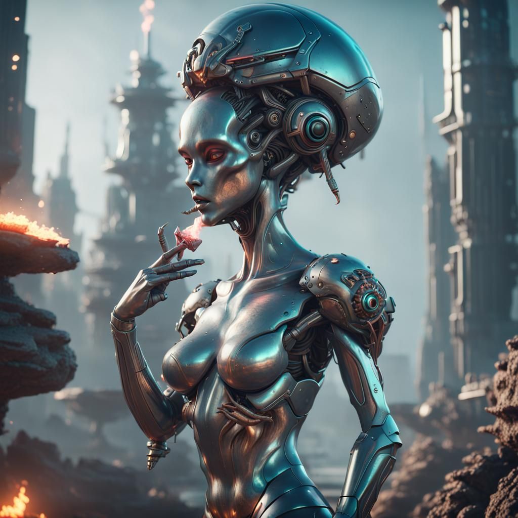 Futuristic Alien Mermaid Smoking in Sci-Fi Style