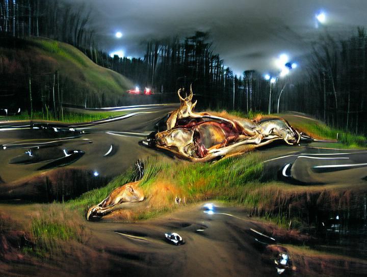 Hyperrealistic Dead Deer on Highway at Night