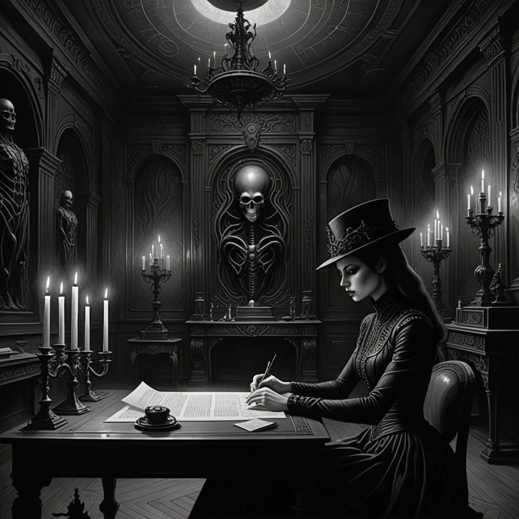 Surrealist Woman Signs Mysterious Document in Grand Study