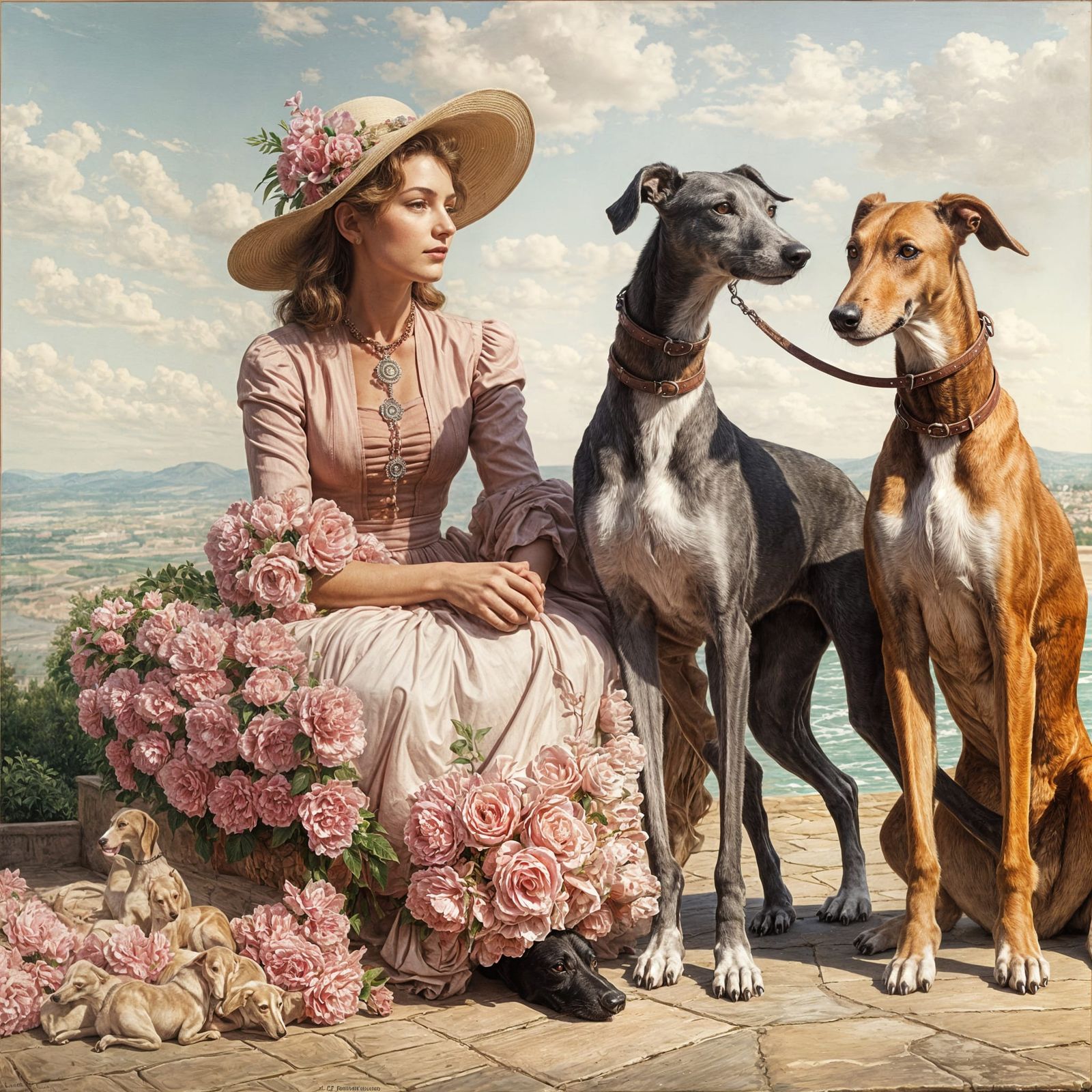Chatelaine with Greyhounds: Oil Painting in Classic Style
