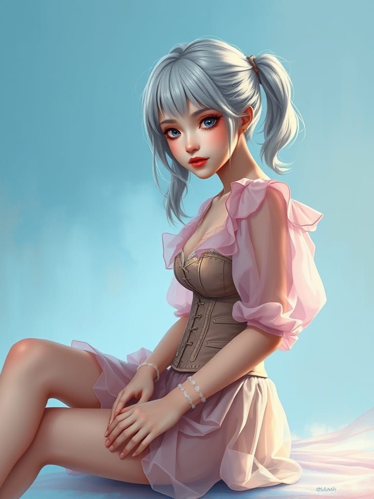 Young Woman in Pink Corset, Stylized Digital Portrait