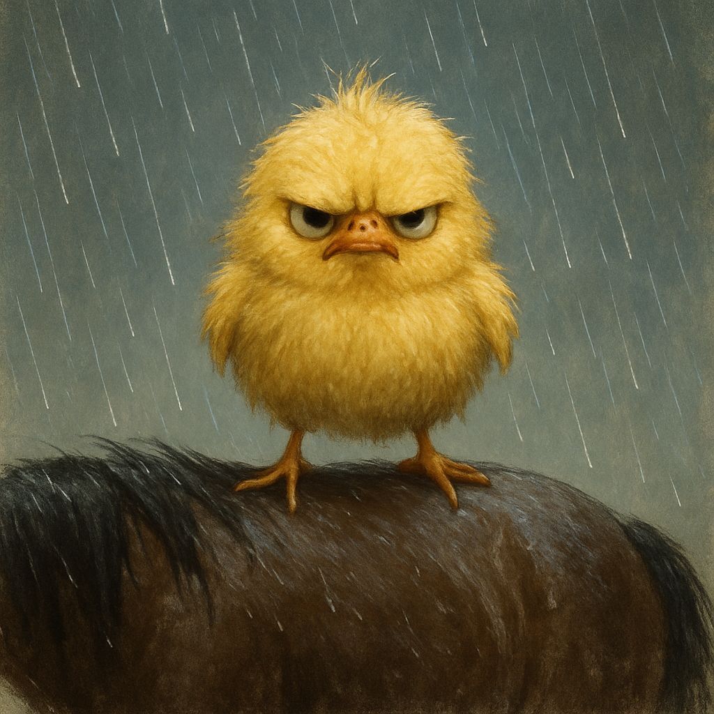 Grumpy Chicken Rides Horse in Rain