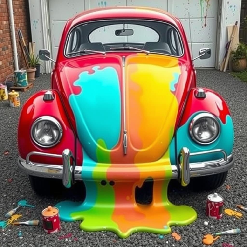 Vibrant 1960s VW Beetle Melts into Rainbow Dreamscape