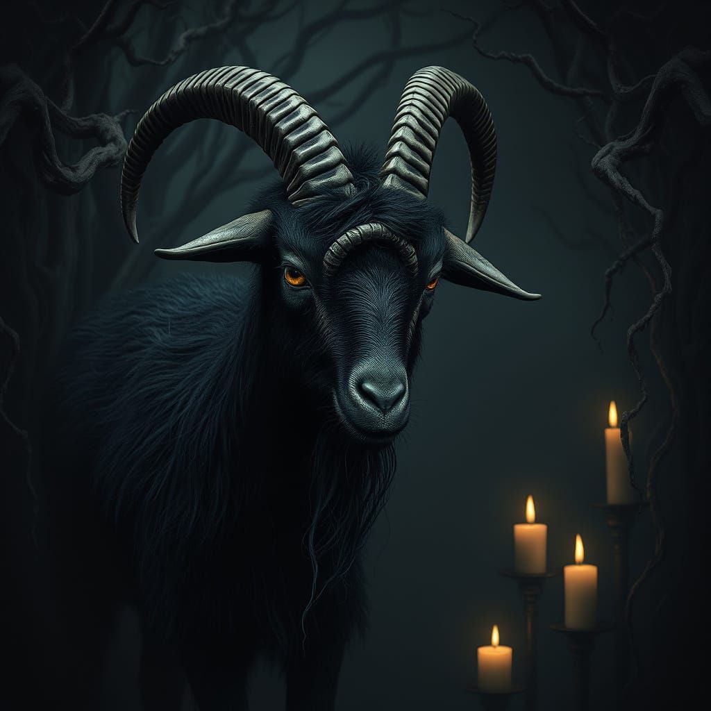 Dark Surreal Black Goat with Twisted Arachnid Eyes