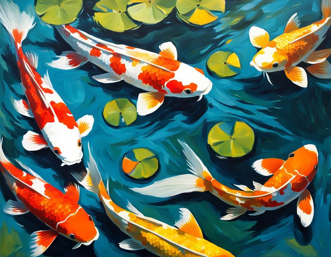 Koi Fish in Reflected Sunlight: Post-Impressionistic Paintin...