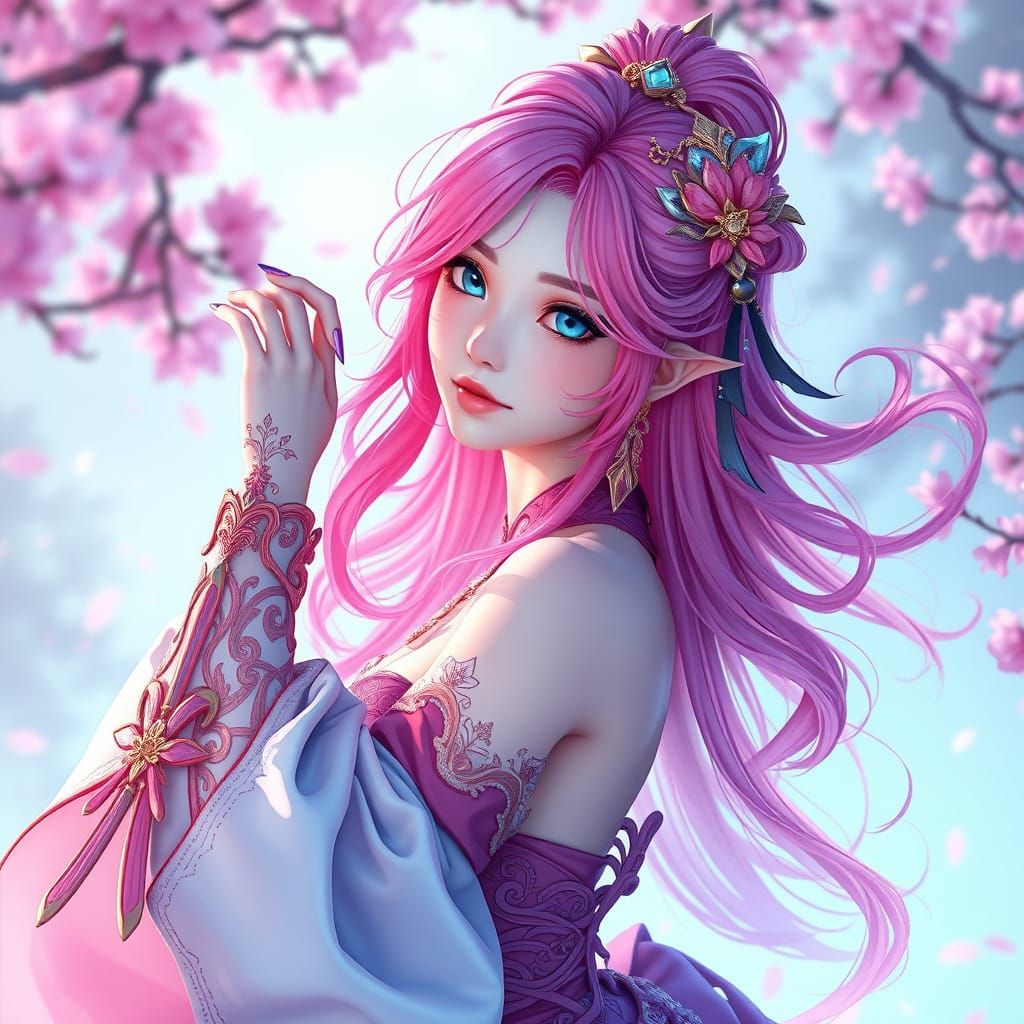 Ethereal Fantasy Maiden in Vibrant Pink Hair and Flowing Att...