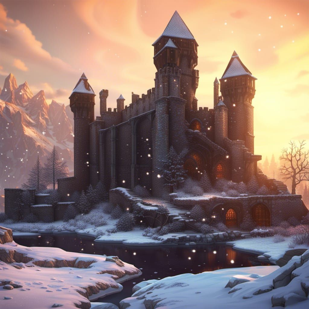Snowy Medieval Castle Ruins, Hyperdetailed Concept Art