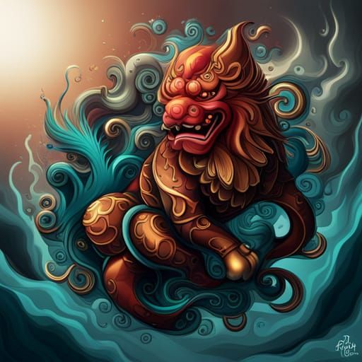 Foo Dog Tattoo Graphic Design in Detailed Matte Style