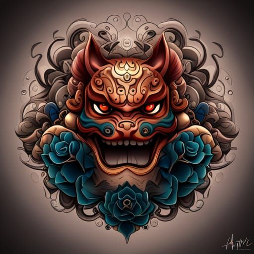 Foo Dog Tattoo Graphic Design in Detailed Style