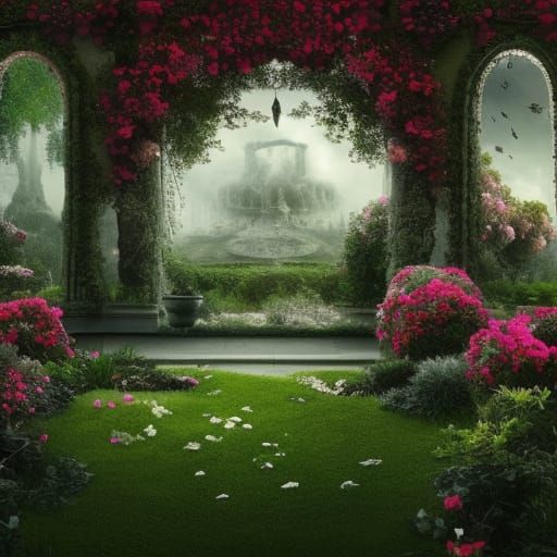 Dramatic Garden with Black Roses Digital Painting
