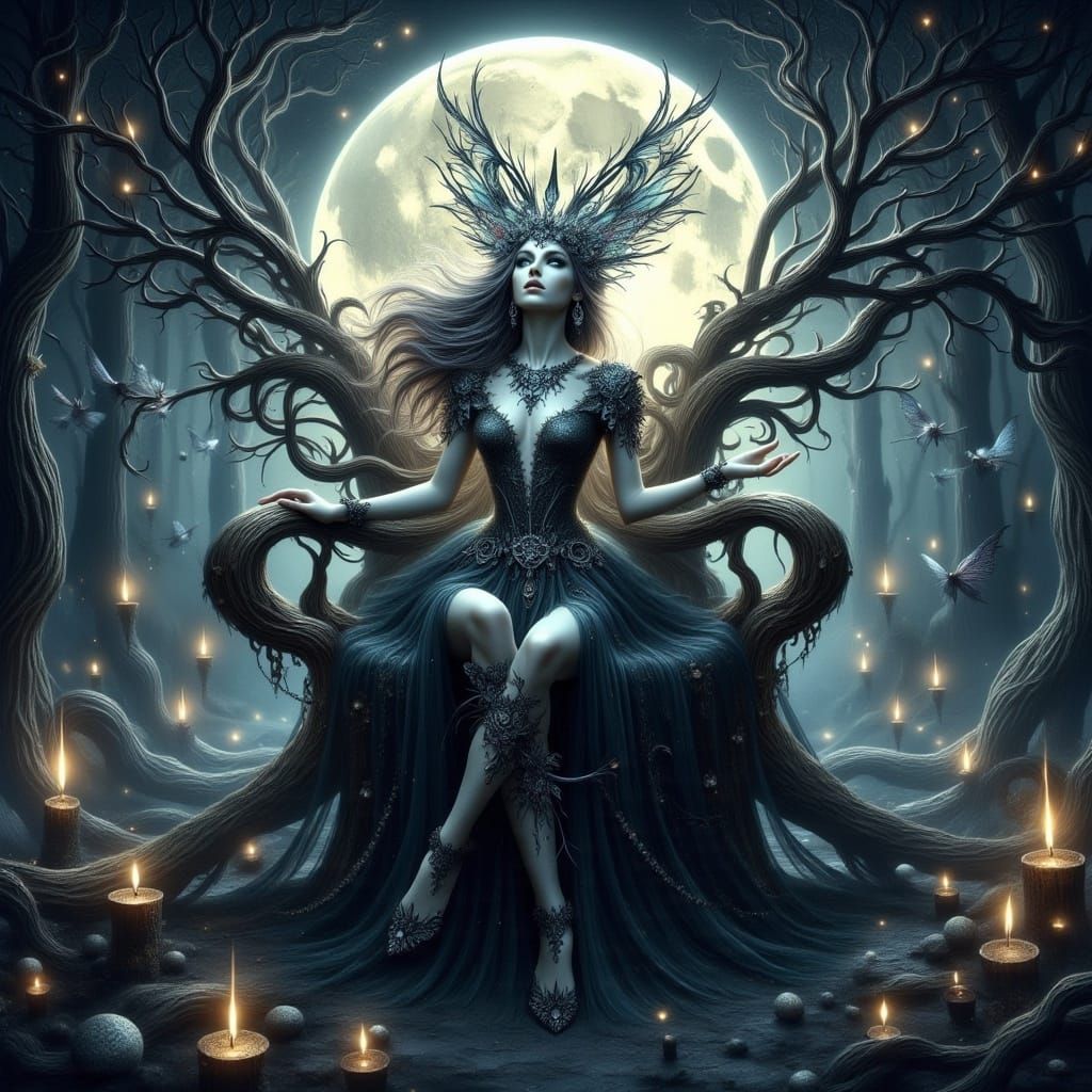 Mystical Queen on Twisted Throne in Candlelight