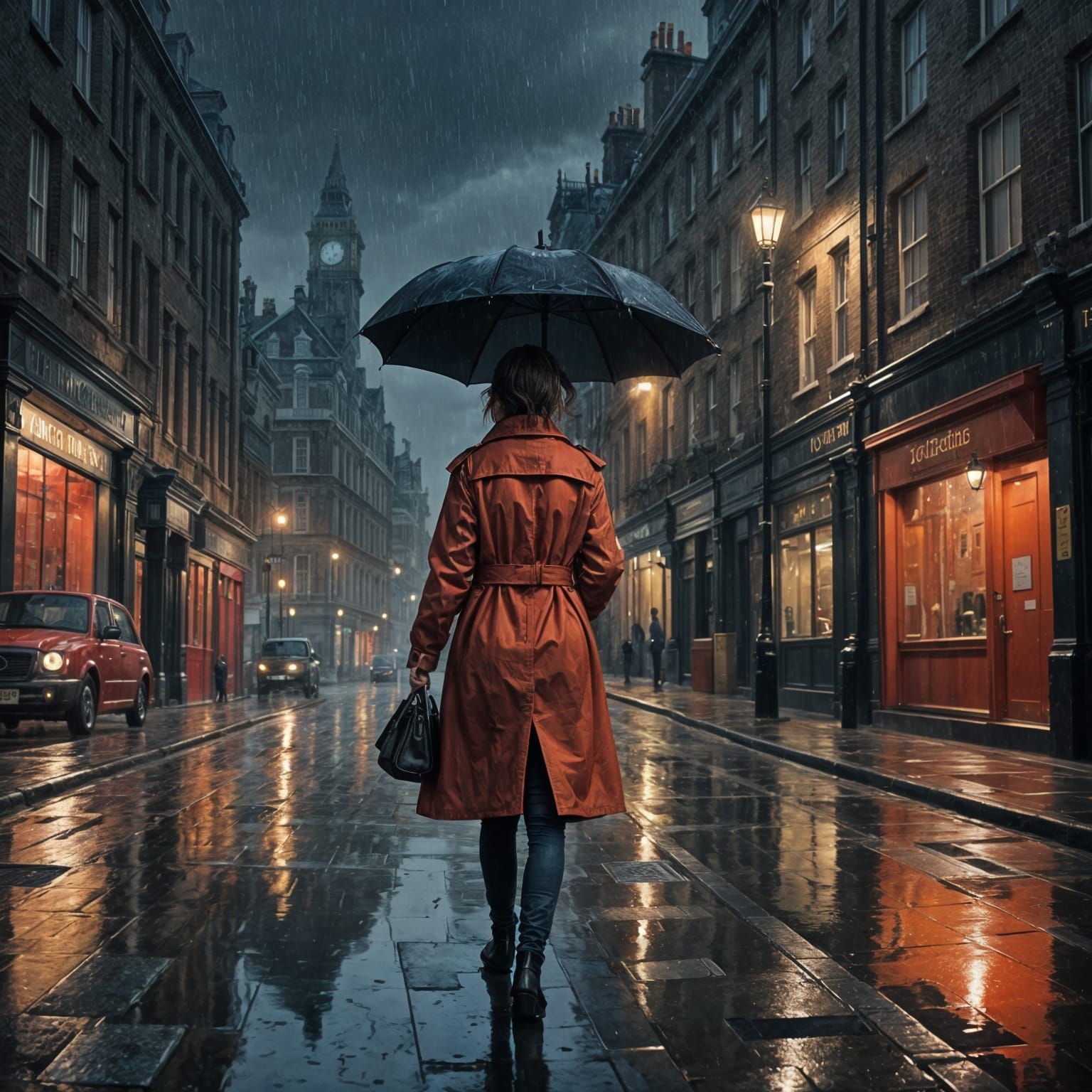 Moody London Street Scene in Rainy Night