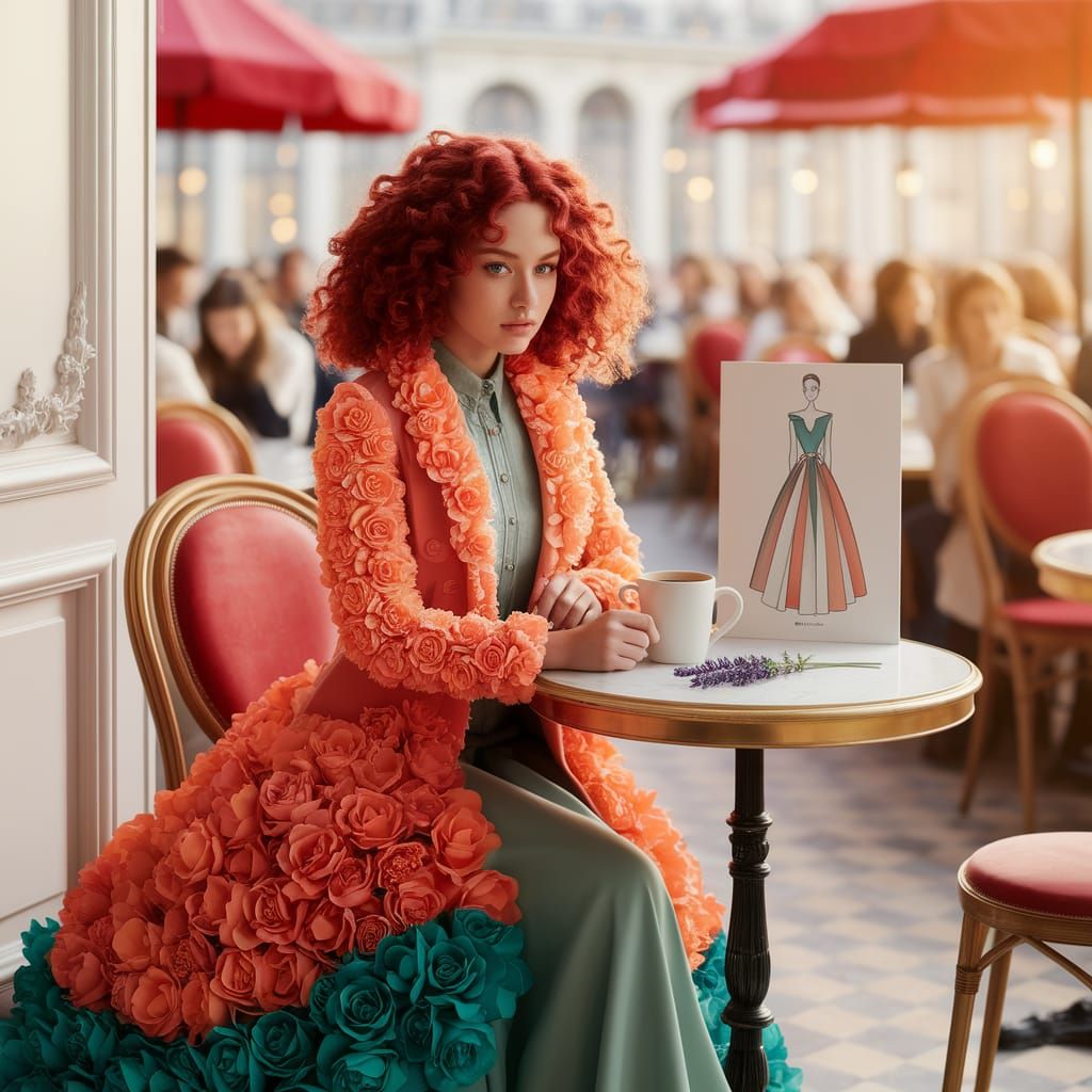 Woman in Floral Orange and Teal Outfit at French Cafe