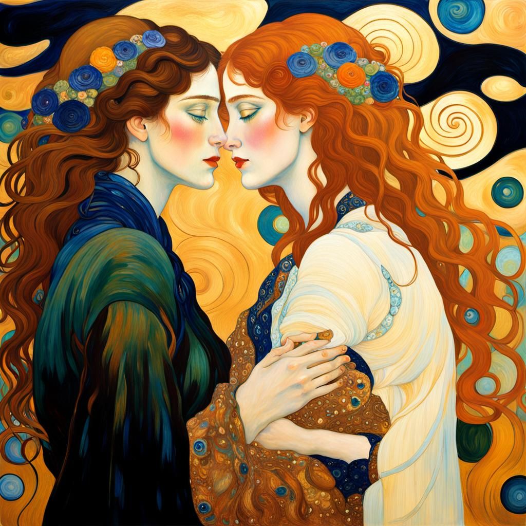 Two Women Embrace in Art Nouveau Style