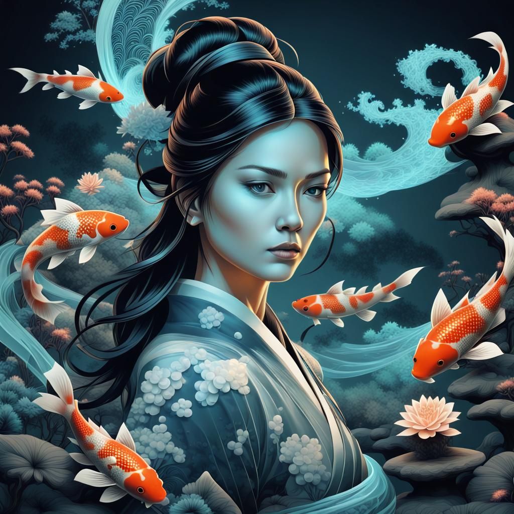 Bioluminescent Koi in Japanese Zen Garden