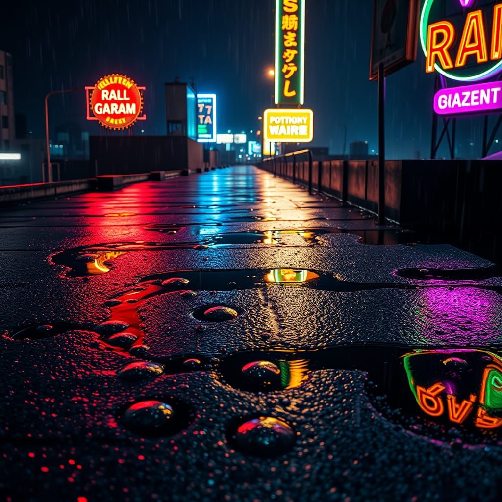 Rain-Soaked Rooftop Reflects Neon Cityscape
