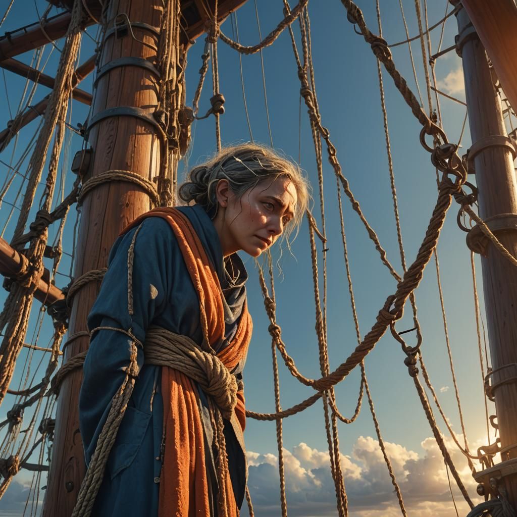 Woman Bound to Mast in Surreal Digital Art