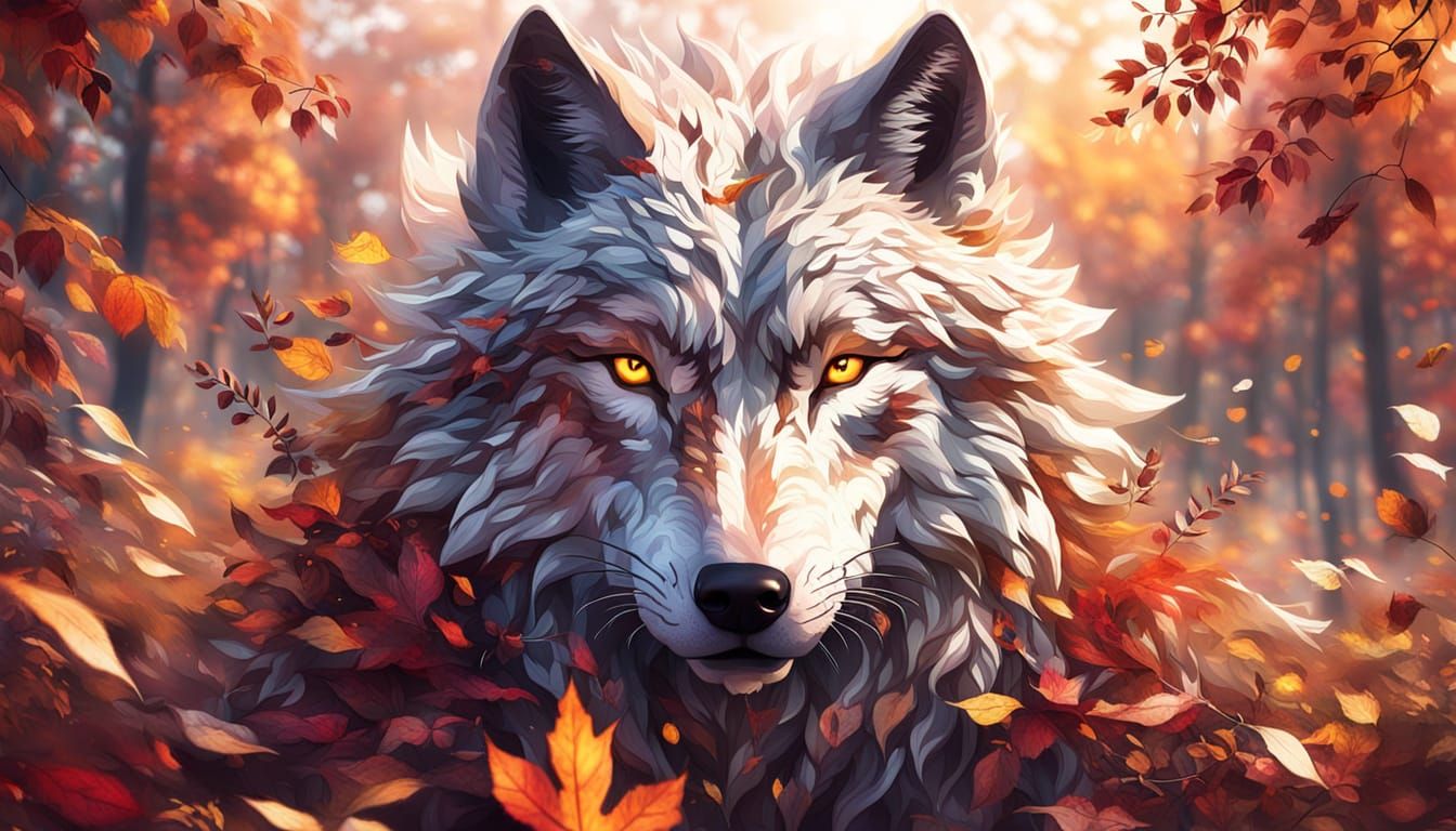 Wolf Face Transitions to Autumn Leaves in Hyper-Realistic Ma...