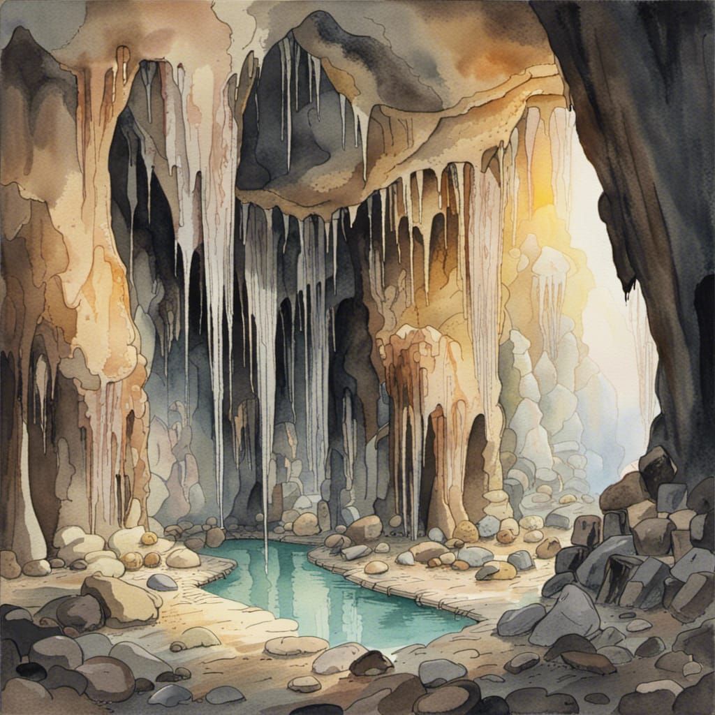 Cave with Stalactites and Stalagmites in Watercolour